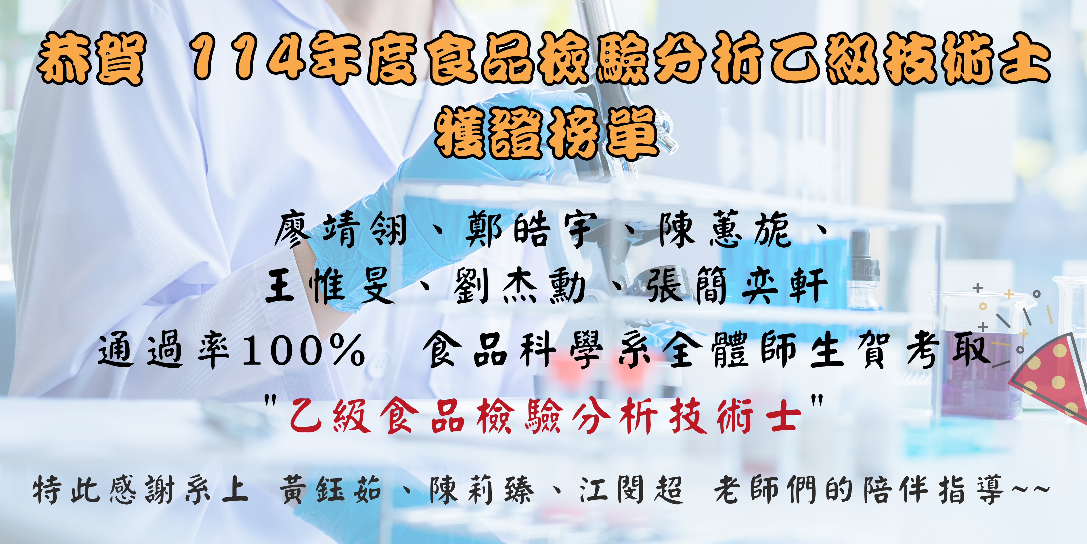 恭賀114年度食品檢驗分析乙級技術士獲證榜單