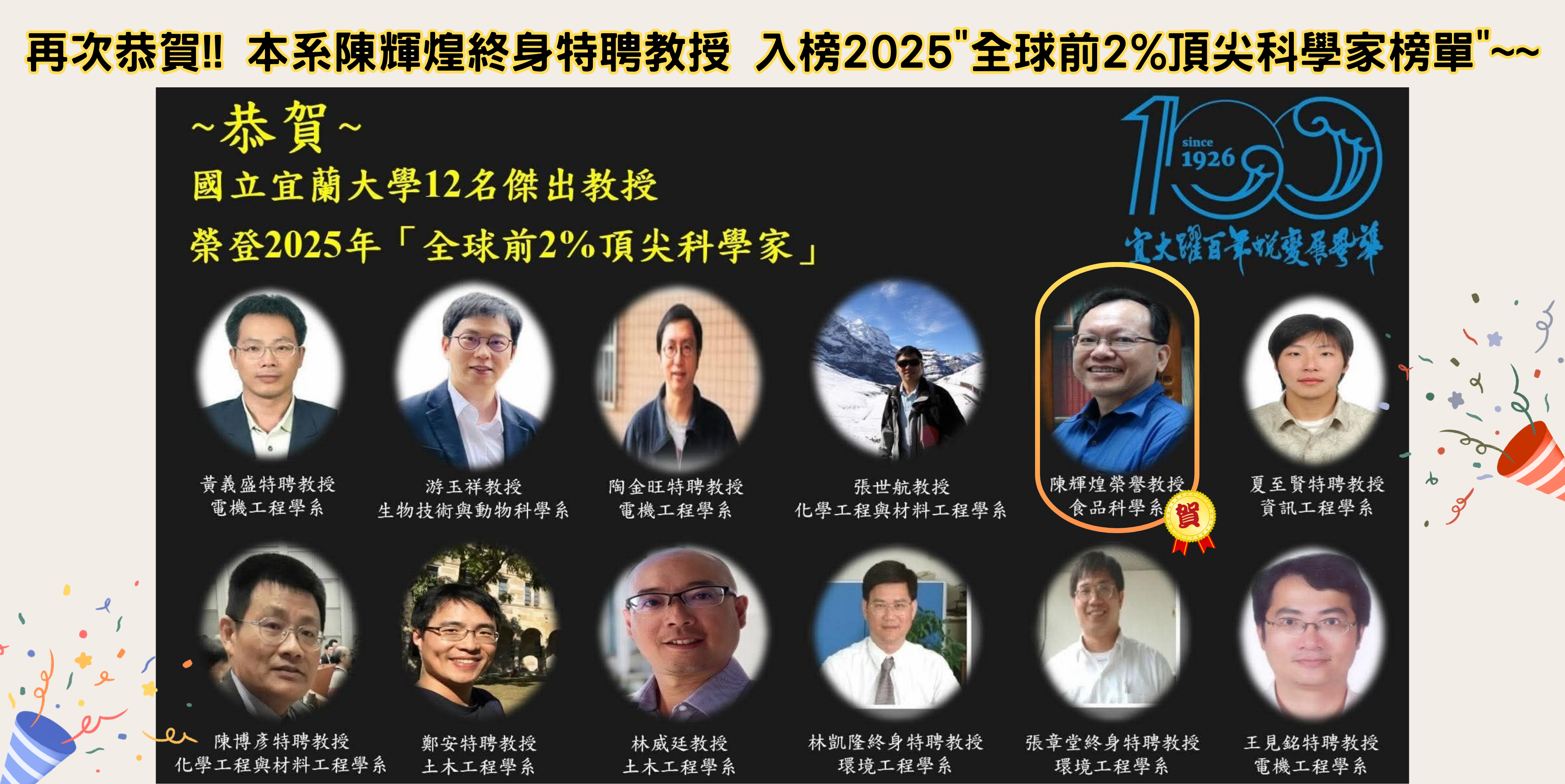 恭賀!!食品系陳輝煌終身特聘教授獲頒2025年全球前2%頂尖科學家殊榮